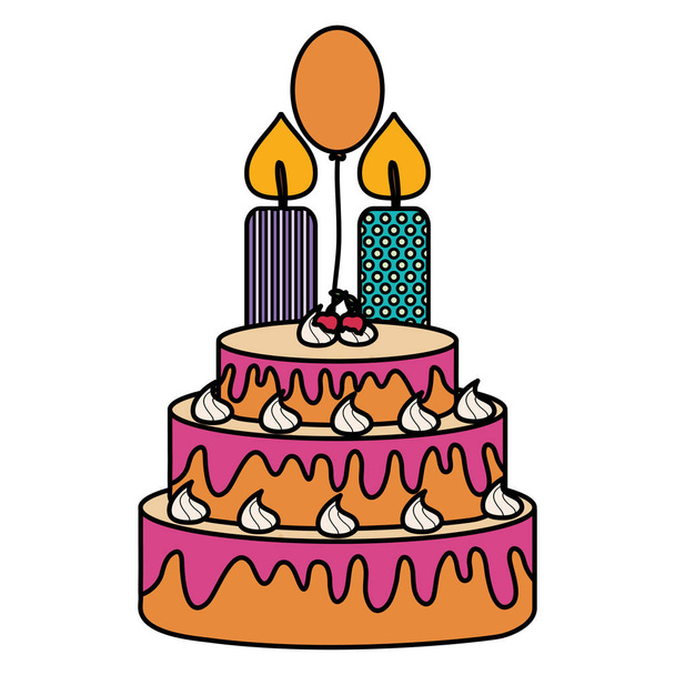 サクランボとキャンドル、バルーンヘリウムとおいしい甘いケーキ - ベクター画像