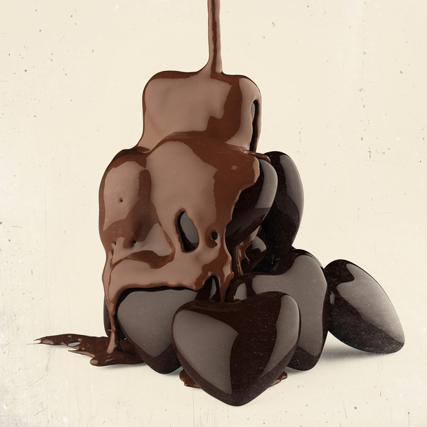Nahaufnahme Schokoladensirup undicht über Herz-Form-Symbol - Foto, Bild