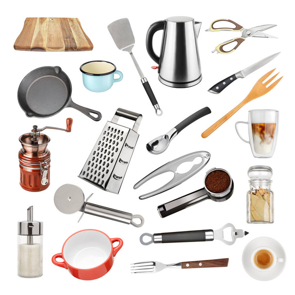 Colección de utensilios de cocina aislados en blanco
  - Foto, imagen