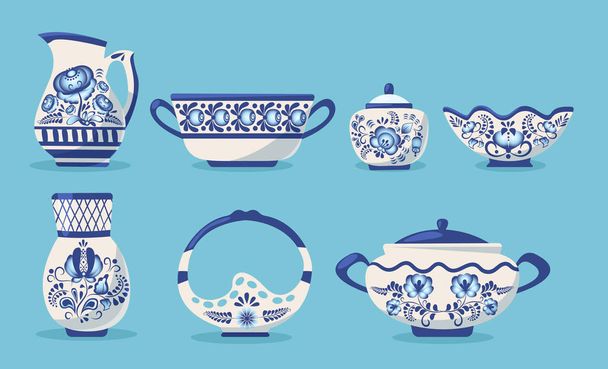 Set of ceramic kitchen utensils or crockery. - Vetor, Imagem