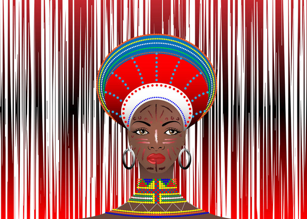 African Tribe Clothes Mujer Zulu Retrato aborigen de la linda mujer sudafricana de la nación bantú. Típico Tocado Afro con pendientes étnicos y collar. Vector aislado geométrico rayas aleatorias
 - Vector, Imagen