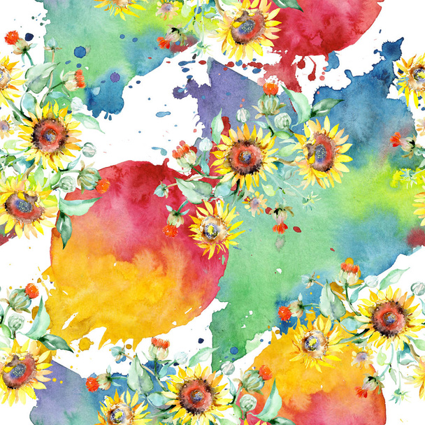 Yellow sunflower floral botanical flowers. Wild spring leaf wildflower. Watercolor illustration set. Watercolour drawing fashion aquarelle. Seamless background pattern. Fabric wallpaper print texture. - Foto, Imagem