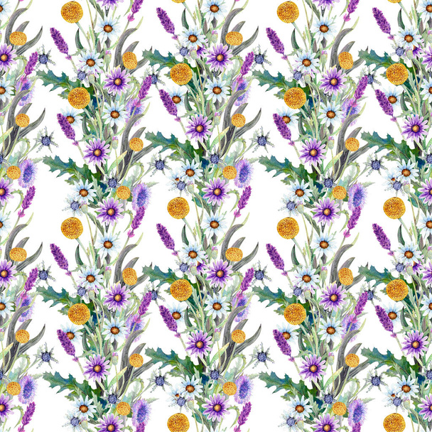 Wild flowers background. Seamless pattern. Wild flowers background Watercolor. - Фото, изображение