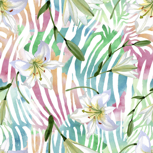 White lily floral botanical flowers. Wild spring leaf wildflower. Watercolor illustration set. Watercolour drawing fashion aquarelle. Seamless background pattern. Fabric wallpaper print texture. - Fotografie, Obrázek