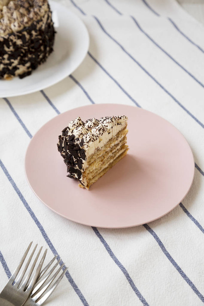 A piece of tiramisu cake on a pink plate, low angle view. Close- - Photo, Image