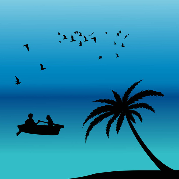 Paisaje romántico con pareja en un barco en el océano
 - Vector, imagen