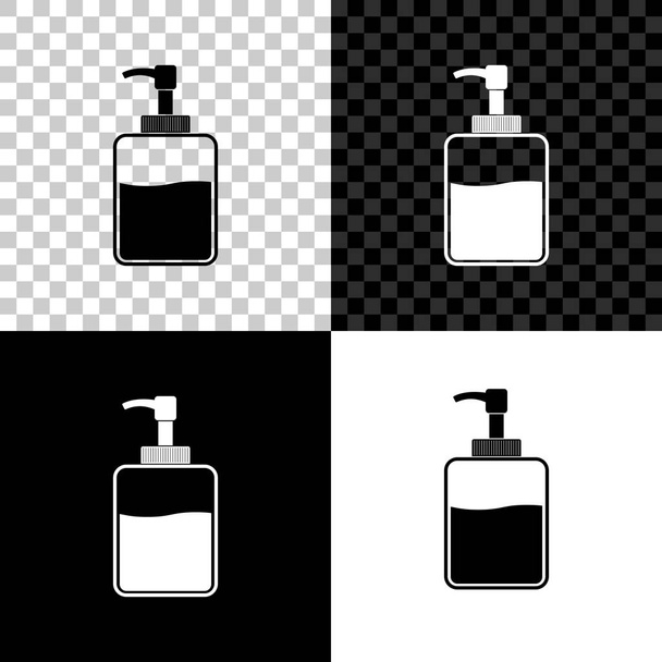 Icona bottiglia igienizzante a mano isolata su sfondo nero, bianco e trasparente. Il concetto di disinfezione. Gel detergente. Bottiglia di alcol per l'igiene. Illustrazione vettoriale
 - Vettoriali, immagini