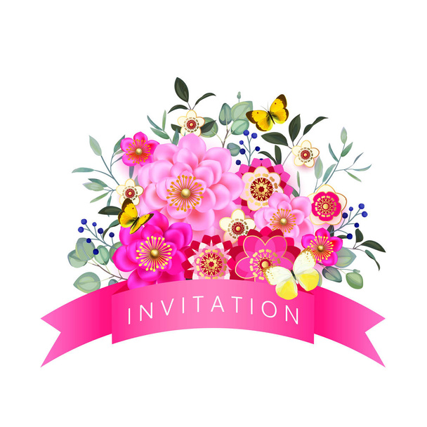 Spring floral wedding invitation with butterflies - Vector, Image