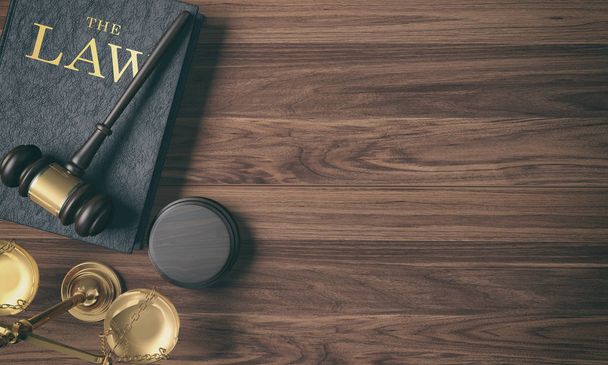 Low key filter wooden judge's gavel on law book and golden scale on wood background on top view, 3D Rendering - Photo, Image