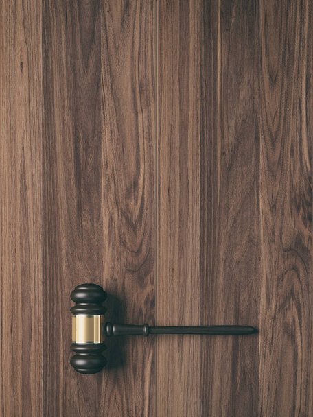 Martillo de juez de madera sobre fondo de madera con espacio de copia para maqueta, renderizado 3D
  - Foto, Imagen