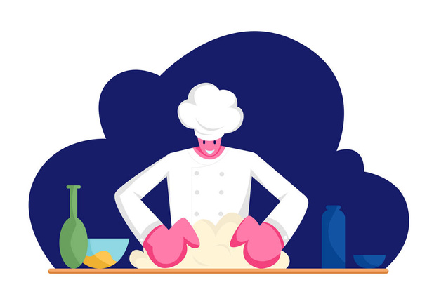 Geconcentreerde man chef-kok in uniform kneden van deeg op keuken. Professionele bakker bereidt brood, pizza of pasta op tafel met producten in bakkerij winkel of restaurant, cartoon platte vector illustratie - Vector, afbeelding