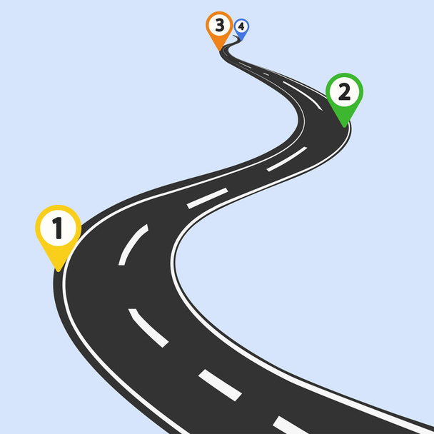 Кривая дорожная инфографика с цветными булавками контрольно-пропускного пункта
 - Вектор,изображение
