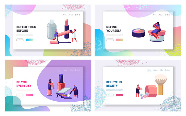 Women in Beautician Parlor. Female Characters Testing Skin Care Products in Beauty Salon. Makeup Cosmetics Face Care, Beauty Website Landing Page Set, Web Page. Cartoon Flat Vector Illustration Banner - Vector, Image