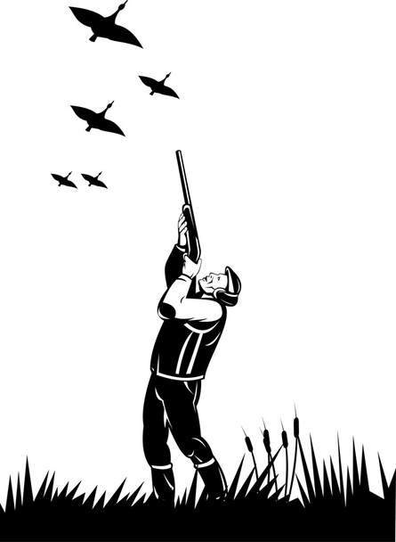κυνηγός με στόχο την καραμπίνα τουφέκι όπλο σε πάπιες χήνες - Διάνυσμα, εικόνα