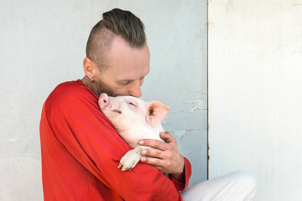 農場の壁で手にかわいい子豚を持つ豚農家。ピギーに焦点を当てる. - 写真・画像