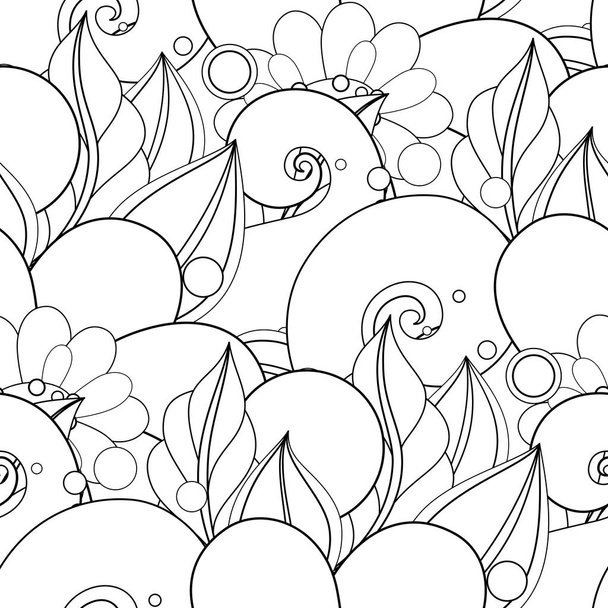 Monochrome Seamless Pattern with Floral Motifs. Endless Texture with Flowers and Leaves in Doodle Line Style - Vecteur, image