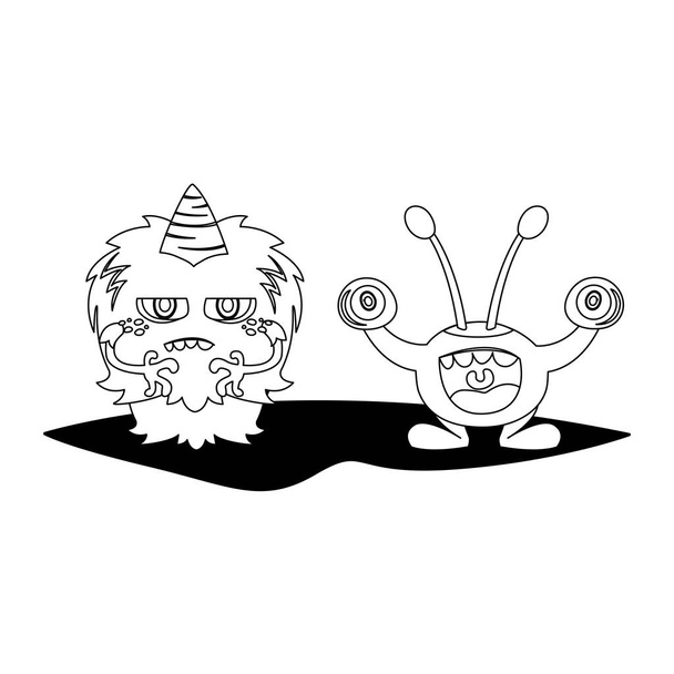 divertidos monstruos pareja personajes cómicos monocromo
 - Vector, imagen