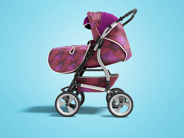 Фіолетова дитяча коляска ізольована ліворуч 3d візуалізація на синьому фоні
 - Фото, зображення