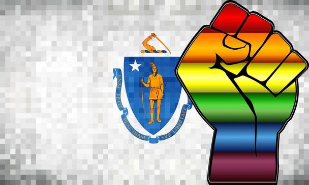 Fényes LMBT tiltakozó Fist a Massachusetts zászló-illusztráció, absztrakt mozaik Massachusetts és Gay zászlók - Vektor, kép
