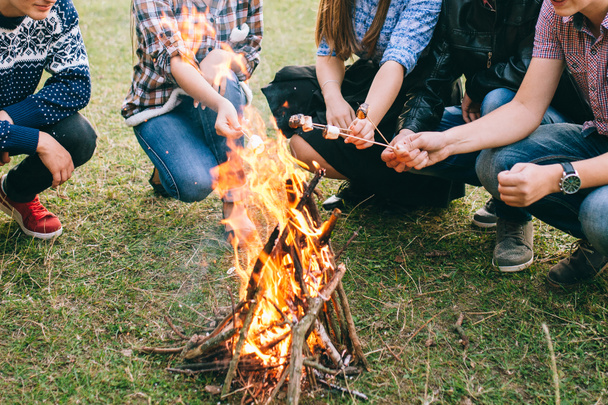 Barátok mályvacukrot sütnek a tűz felett.  - Fotó, kép