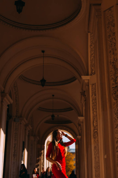 Profiel van een meisje in een rode jurk en een hand in haar haar. mooi - Foto, afbeelding