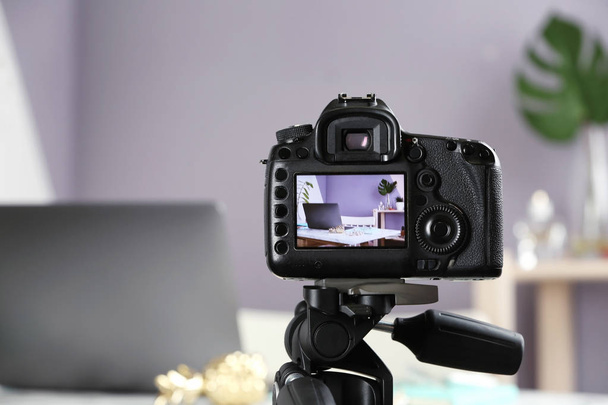 Photo of blogger's workplace on camera screen, closeup with space for text - Fotoğraf, Görsel