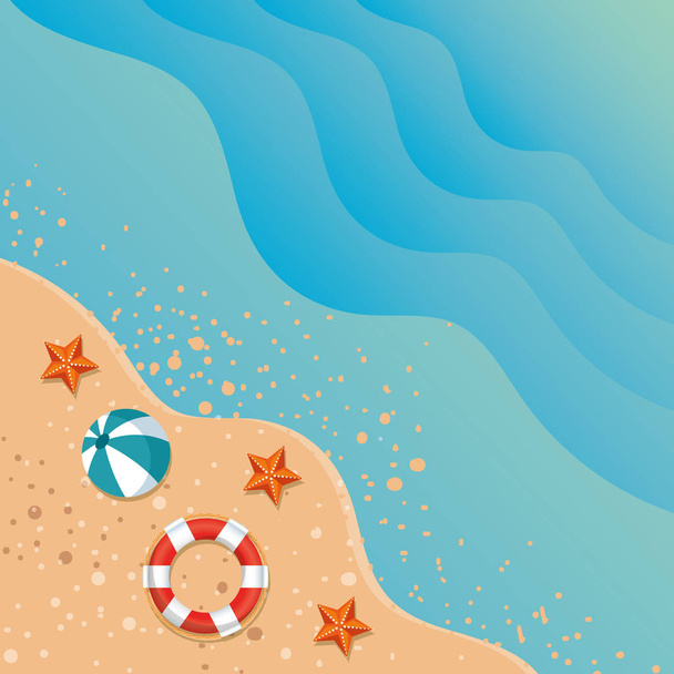 verano playa paisaje marino con el océano y los iconos
 - Vector, imagen