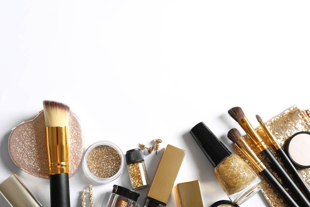 Set of luxury makeup products on white background, flat lay - Fotografie, Obrázek