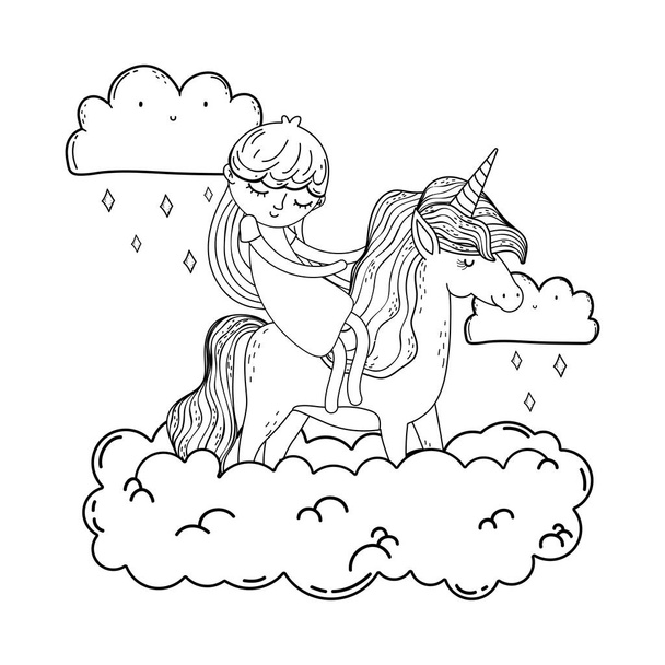 little unicorn and princess in the clouds - Vector, Image