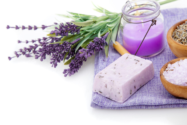 lavender soap, bath salt and candle isolated on white background - Zdjęcie, obraz