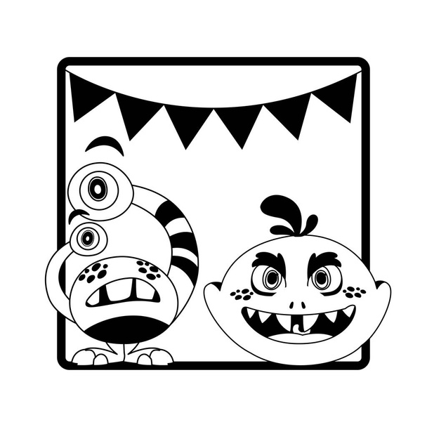 monochrome frame with monsters and garlands hanging - Vector, Image