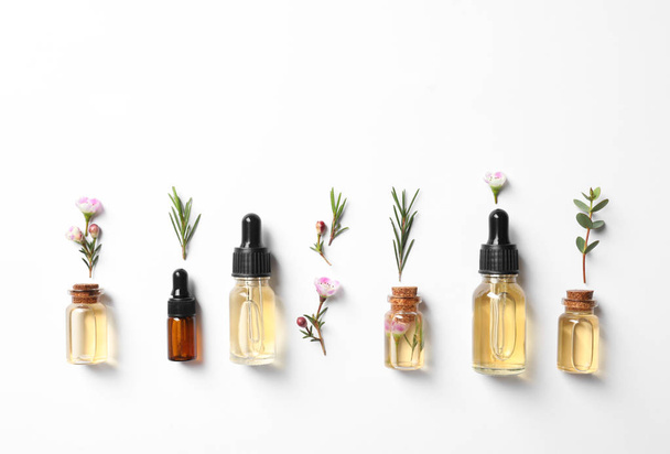 Composición plana con botellas de aceite de árbol de té natural sobre fondo blanco
 - Foto, Imagen