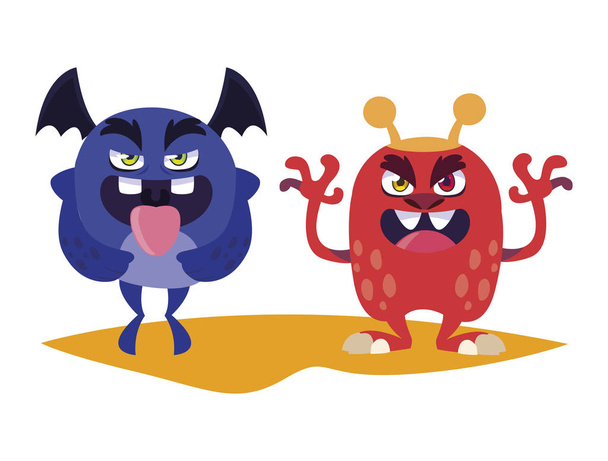 grappige monsters komische personages kleurrijke - Vector, afbeelding