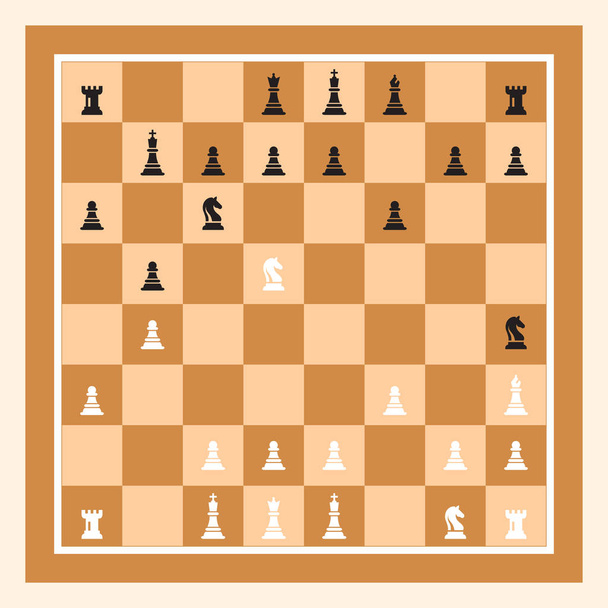 Jogando xadrez jogo com placa de xadrez marrom. Figuras de xadrez Rei, Rainha, Bispo, Cavaleiros, Torre, Peão
. - Vetor, Imagem