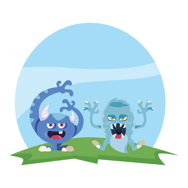 divertido monstruos pareja en el campo personajes colorido
 - Vector, imagen