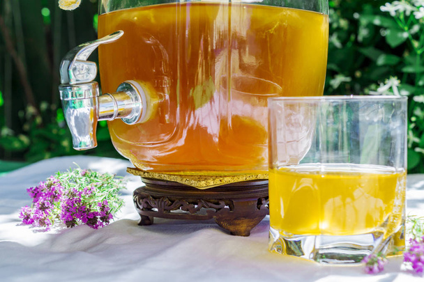 erfrischenden Kombucha-Tee mit Thymian in einem Glas alte Vintage-Flasche und einem Glas auf Hintergrund von verschwommenen Blumen. gesundes natürliches probiotisches Aroma-Getränk. Kopierraum - Foto, Bild