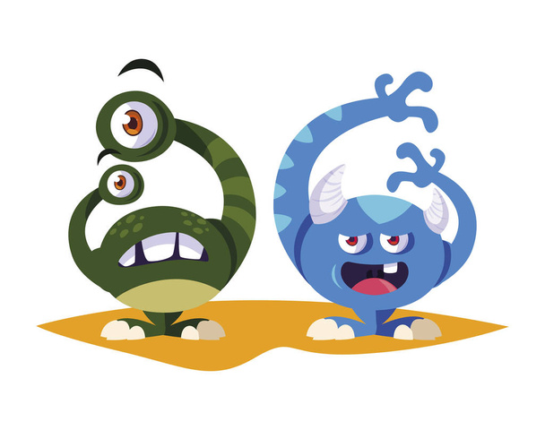 grappige monsters paar komische personages kleurrijke - Vector, afbeelding