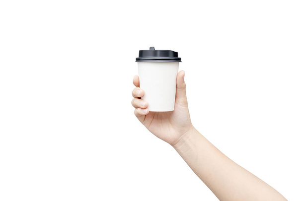 コーヒーカップの背景を取り除きます。コーヒーパを持つ女性の手 - 写真・画像
