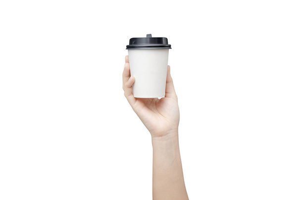 Tirar fundo xícara de café. Mão feminina segurando um café pa
 - Foto, Imagem