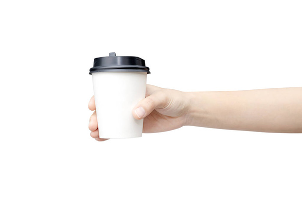 Заберіть кавову чашку фону. Жіноча рука тримає кавовий па
 - Фото, зображення
