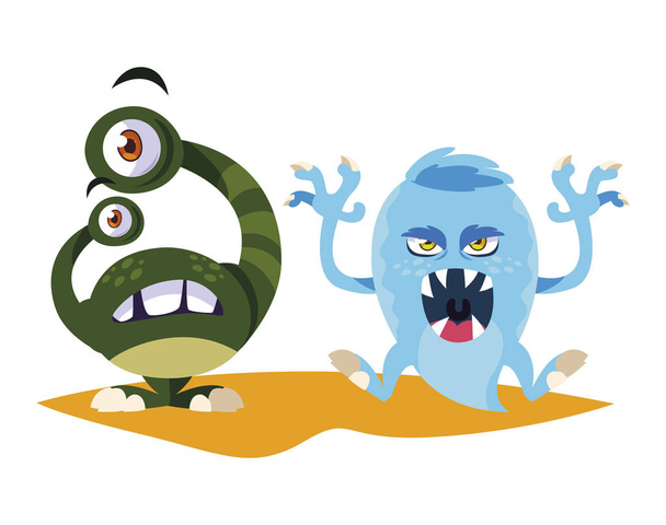 vicces szörnyek pár képregény karakter színes - Vektor, kép