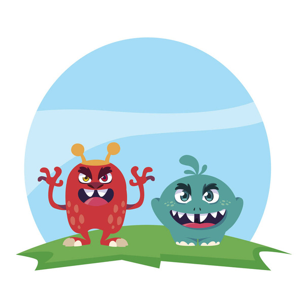 funny monsters couple in the field characters colorful - Vector, Image