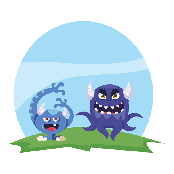 Lustige Monster Paar im Feld Charaktere bunt - Vektor, Bild