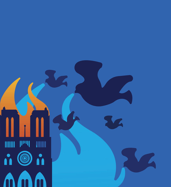 Notre Dame Καθεδρικός ναός στο Παρίσι στη φωτιά, πολύχρωμη απεικόνιση διάνυσμα  - Διάνυσμα, εικόνα