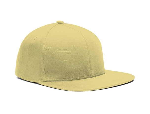 Bardzo wymiarowe boczne SnapBack Cap makiety w żółtym Custard Color, które pomogą Ci zaprezentować swoje projekty kapelusz pięknie. Możesz dostosować prawie wszystko w tej nowoczesnej wizualizacji, aby dopasować swoją konstrukcję czapki. - Zdjęcie, obraz