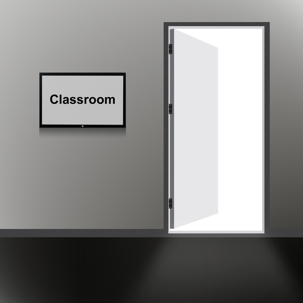 Porta aberta com texto da sala de aula
 - Foto, Imagem