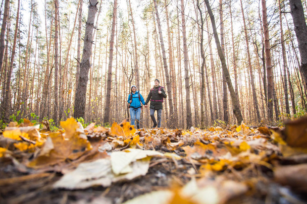 avventura, viaggi, turismo, escursionismo e concetto di persone - coppia sorridente che cammina con gli zaini in autunno sfondo naturale
 - Foto, immagini