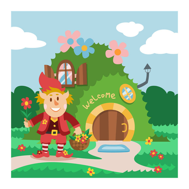 Fantezi gnome ev vektör karikatür peri treehouse ve sihirli konut köy illüstrasyon çocuk gnome masal kabak veya gnome arka plan için taş oyun seti - Vektör, Görsel