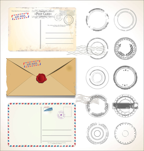 Set postzegels en postkaarten op witte achtergrond Mail postkantoor Air mail  - Vector, afbeelding