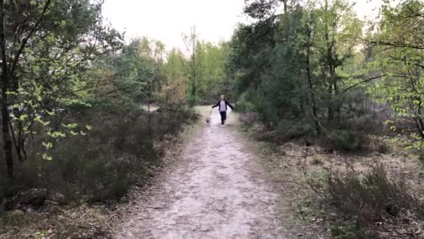 Beautiful girl running with a dog in the forrest - Filmagem, Vídeo
